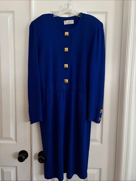 St. John Dresses & Skirts - St. John Vintage Cobalt Blue Long Sleeve Sheath stretch knit Dress Gold Buttons